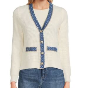 Nanette Lepore Waffle Knit VNeck Cardigan Sequined Tweed Like Trim Pockets NWT M